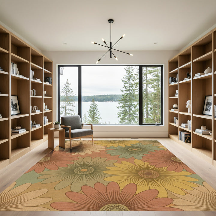 Retro Terracotta Daisy Floral Field Rug