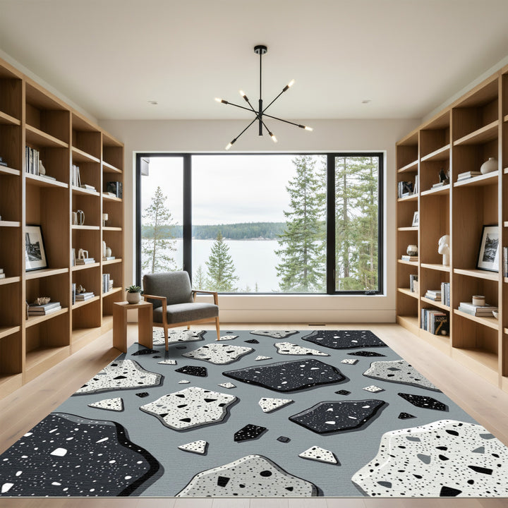 Abstract Black and White Terrazzo Pieces Rug