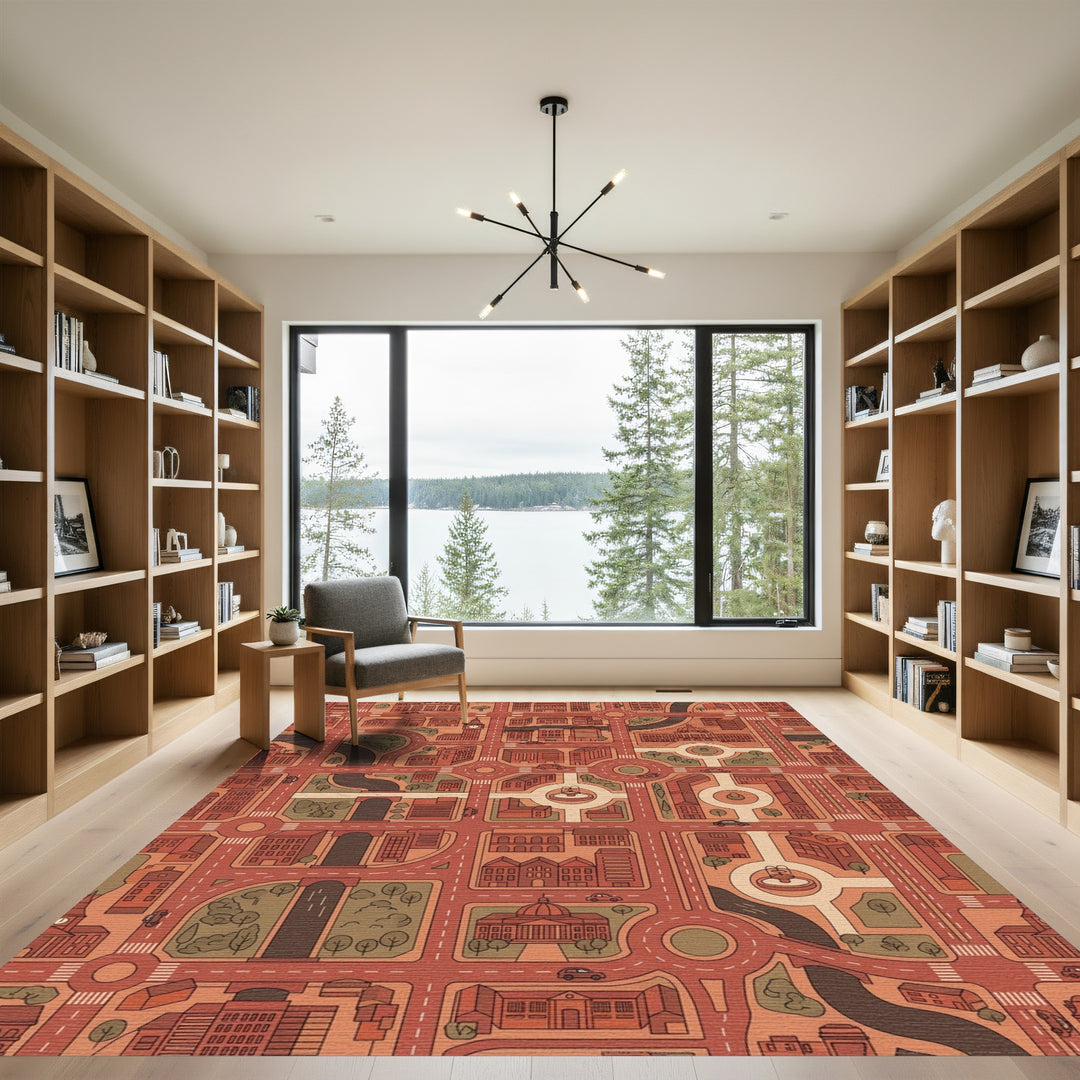Urban Cityscape Red And Tan Map Rug