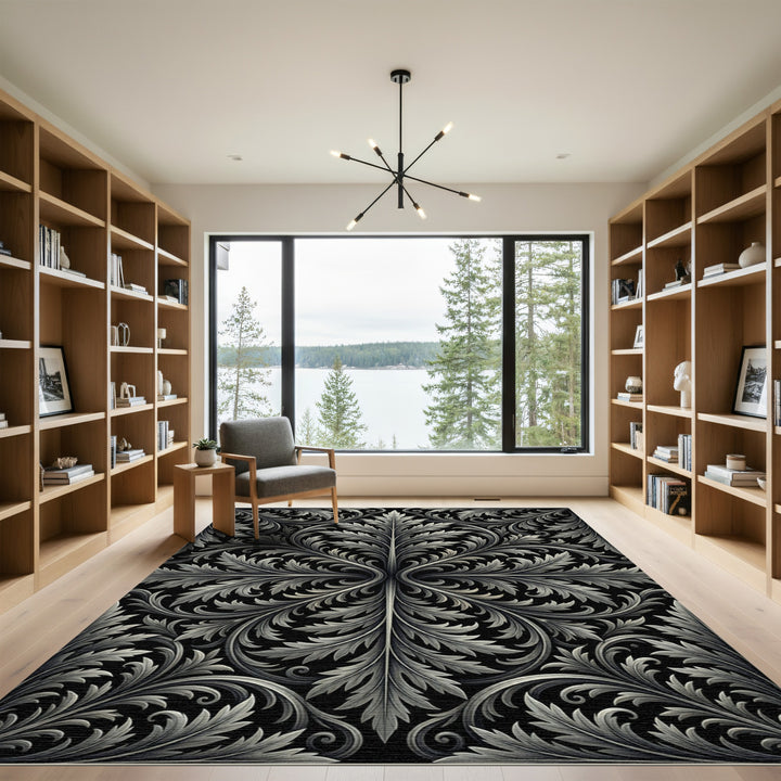 Ornate Black Silver Acanthus Leaf Rug