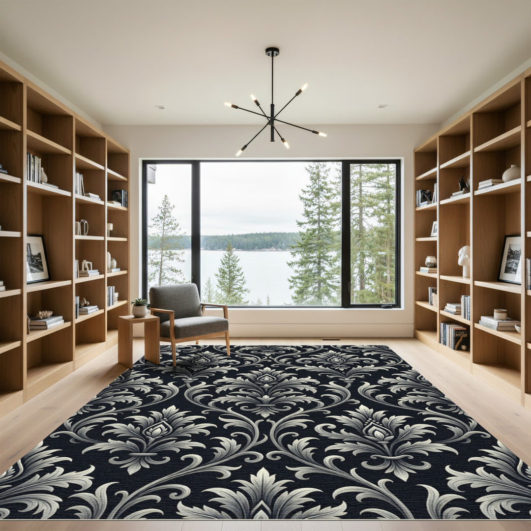 Elegant Ivory Damask Scrollwork Rug