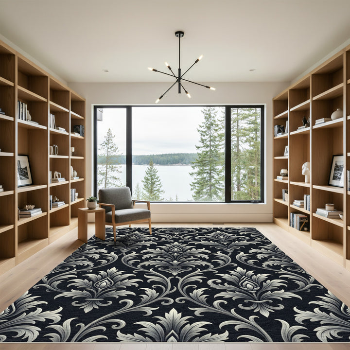Elegant Ivory Damask Scrollwork Rug