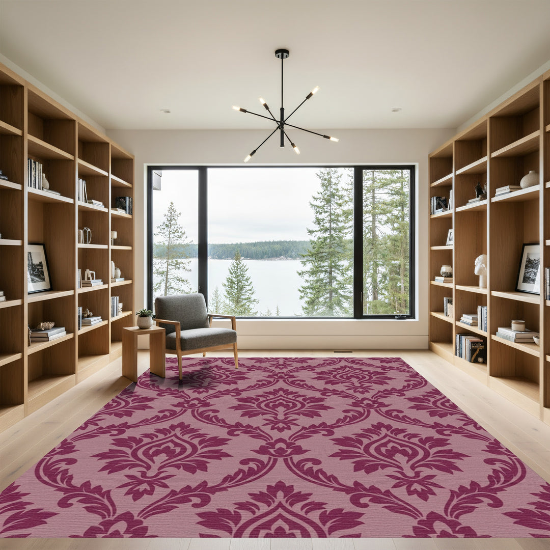 Plum Damask Scrollwork Floral Rug
