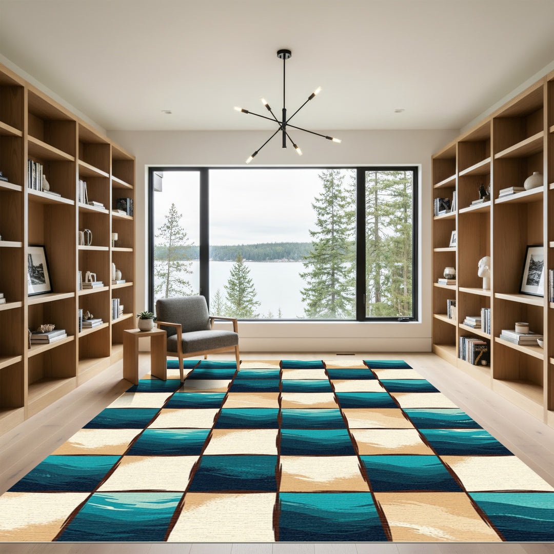 Bold Teal Ocean Wave Checkerboard Rug