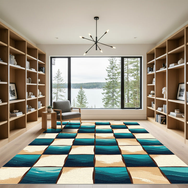 Bold Teal Ocean Wave Checkerboard Rug