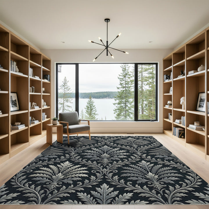 Ornate Silver Leaf Baroque Pattern Rug