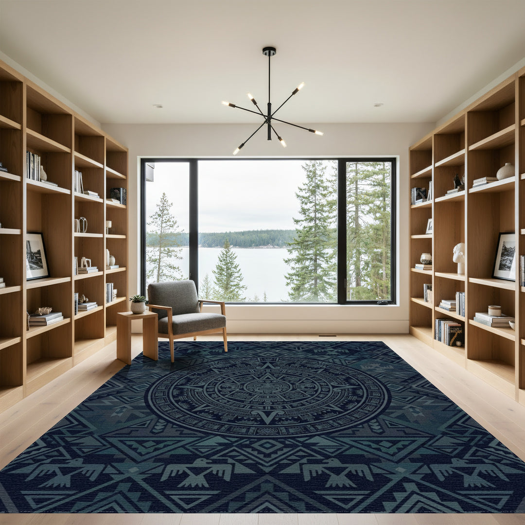 Deep Blue Aztec Sun Medallion Rug
