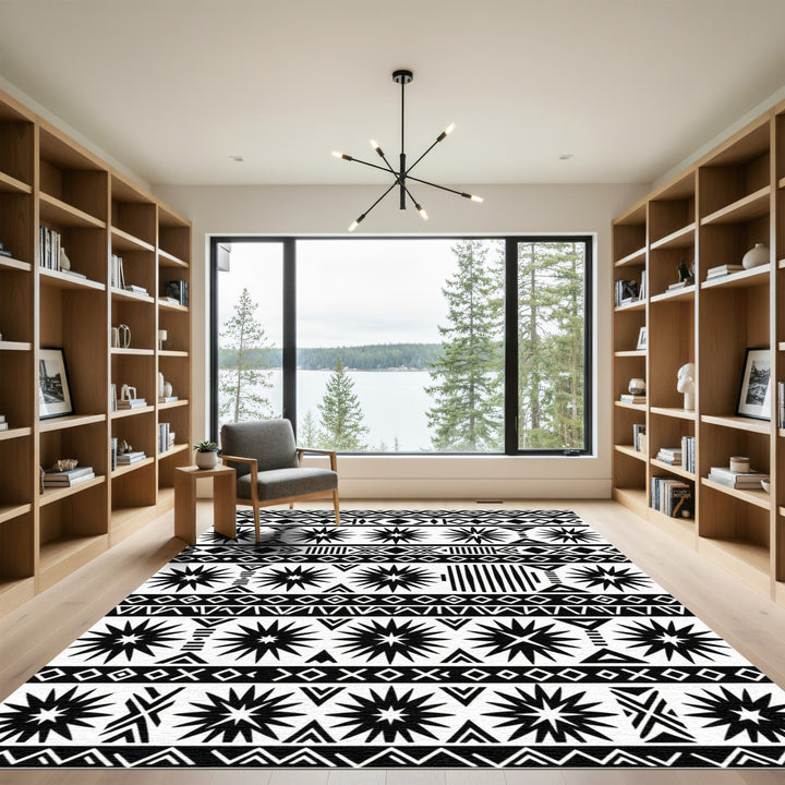 Tribal Black White Sunburst Geometric Rug