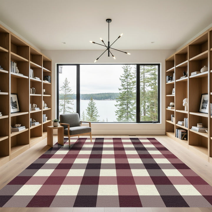 Deep Burgundy Cream Buffalo Check Rug