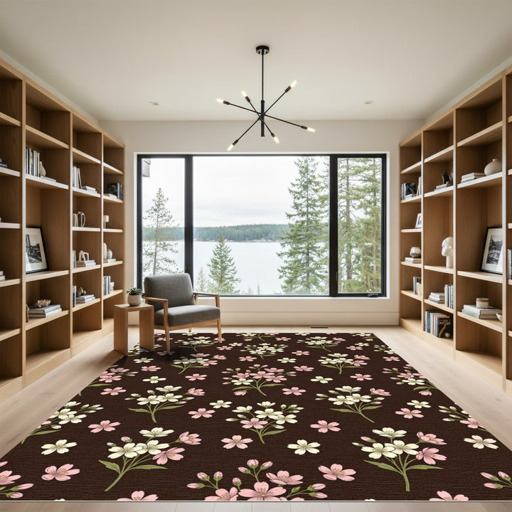 Pink White Blossom Branches Dark Brown Rug