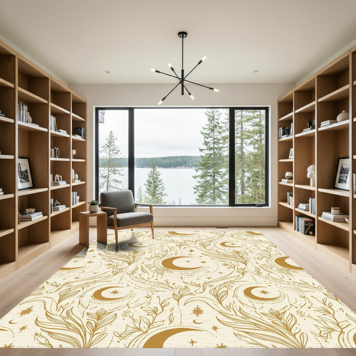 Golden Crescent Moon Floral Whimsical Rug