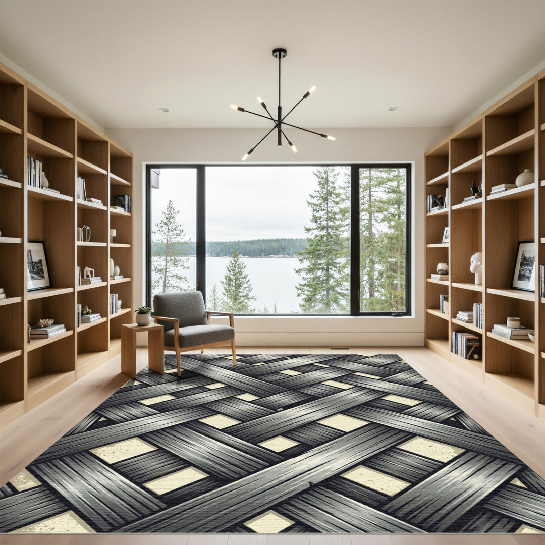 Grayscale Woven Textured Interlocking Squares Rug