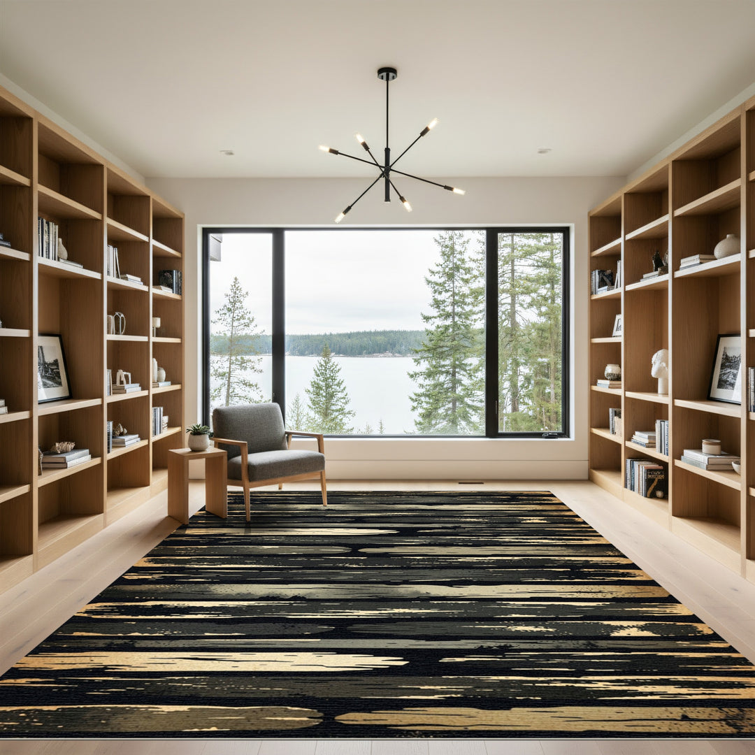 Textured Gray Gold Horizontal Stripes Rug
