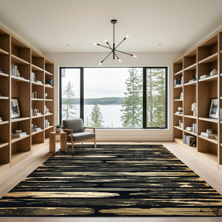 Textured Gray Gold Horizontal Stripes Rug