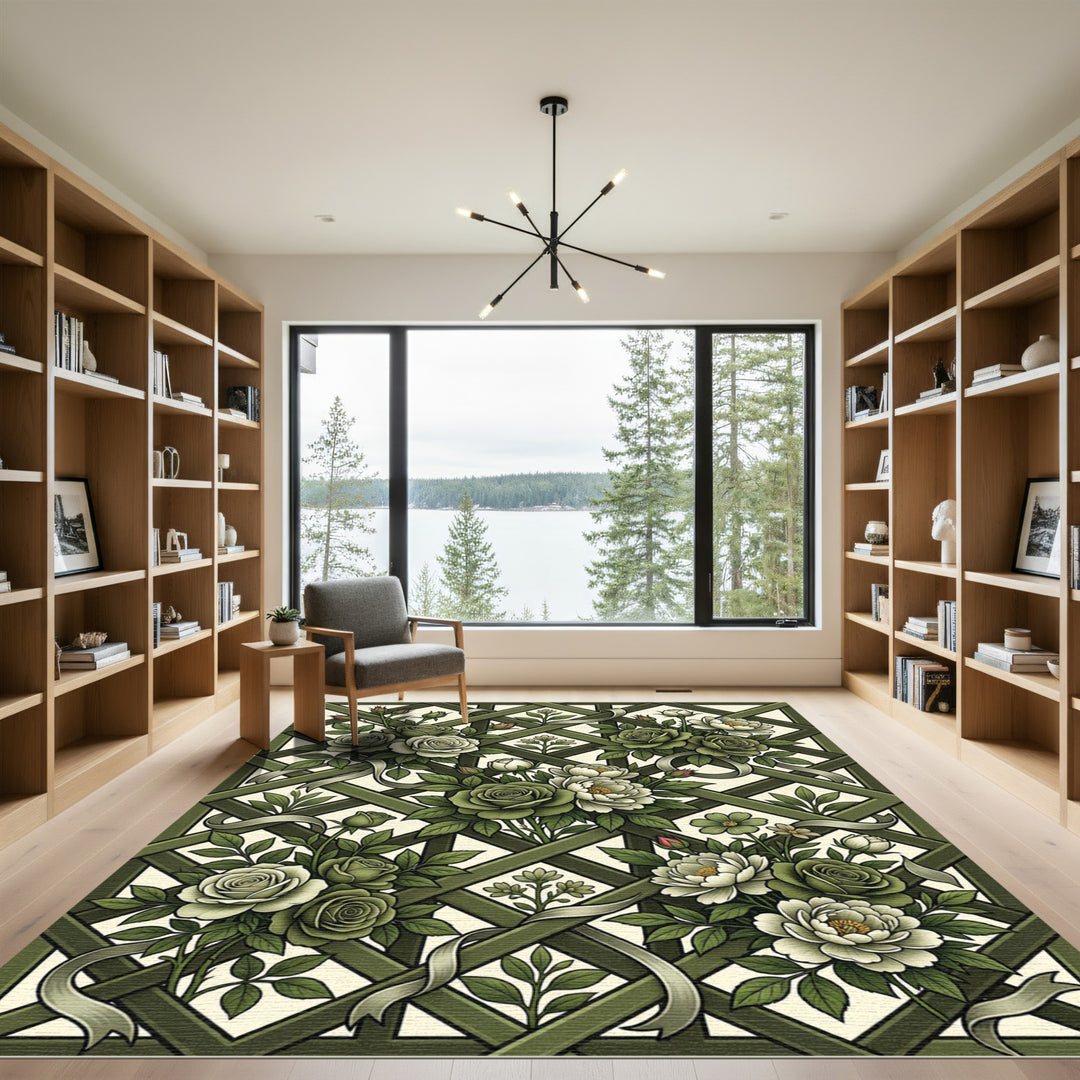 Sage Green Floral Garden Lattice Rug