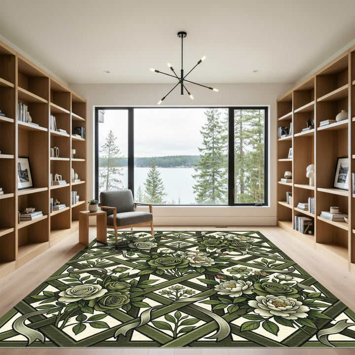 Sage Green Floral Garden Lattice Rug