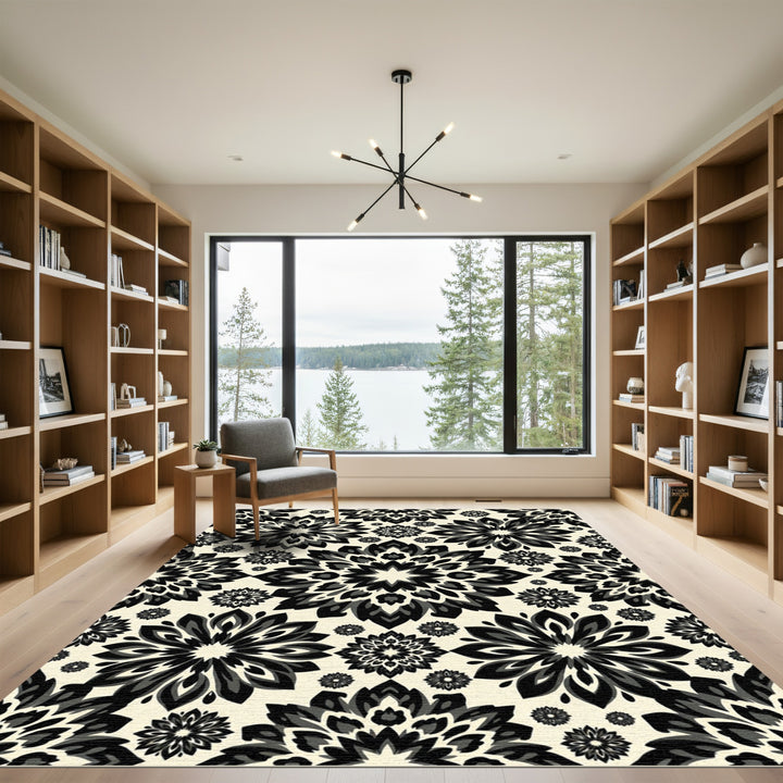 Dramatic Black and Cream Mandala Rug
