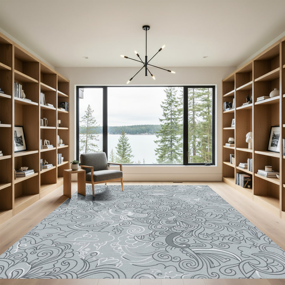 Whimsical Gray Cloud Foliage Swirl Rug