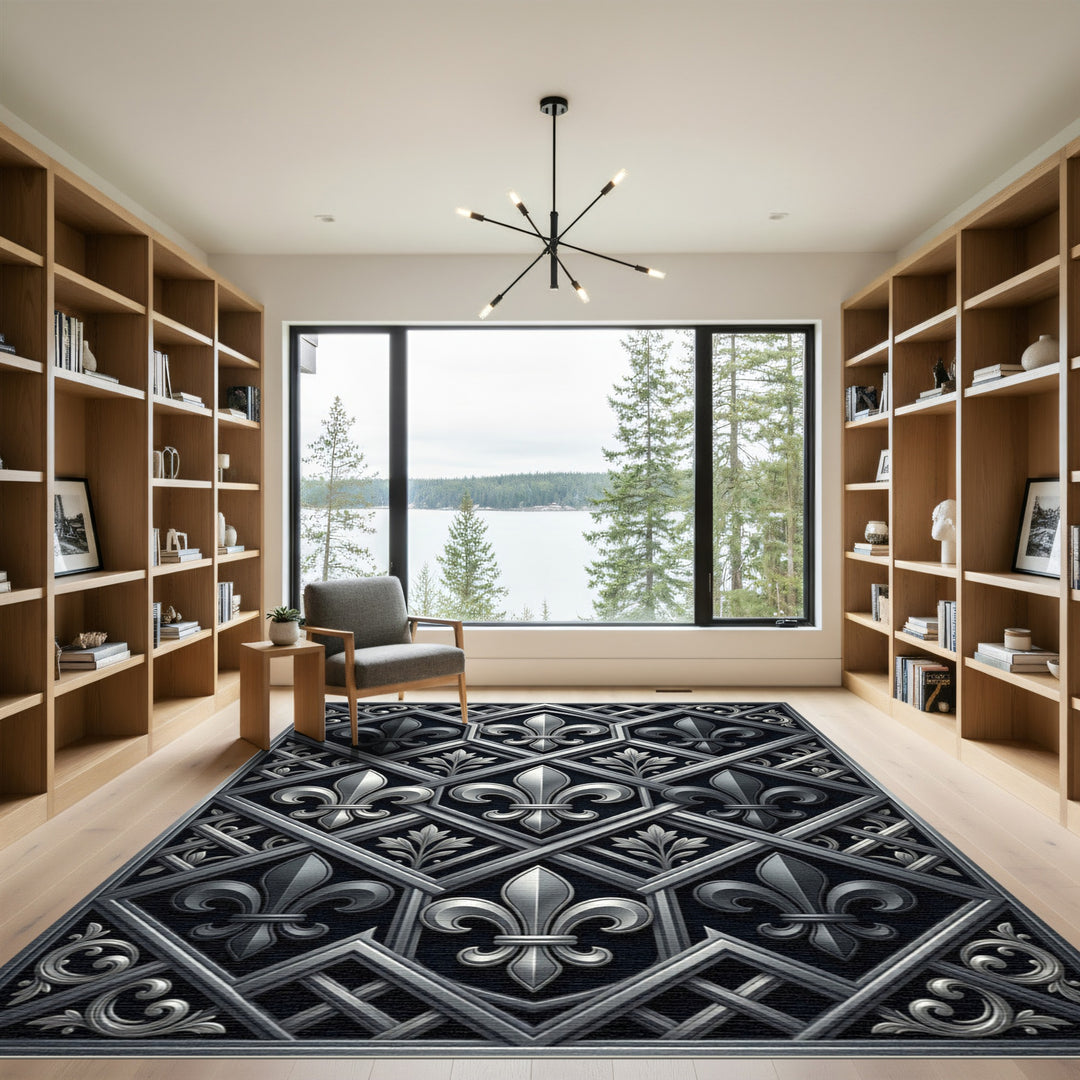 Elegant Silver Fleur-de-lis Lattice Rug