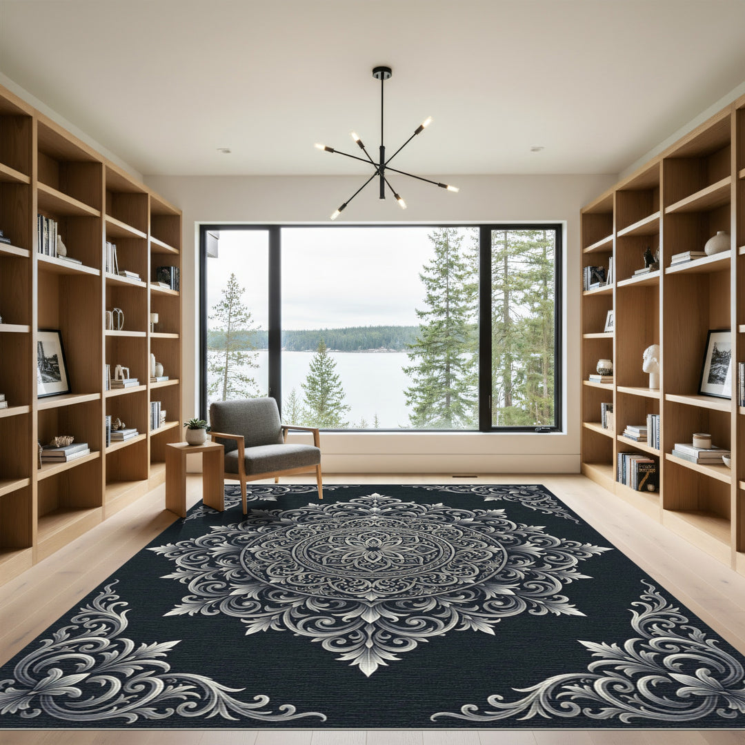 Ornate Black and White Mandala Rug