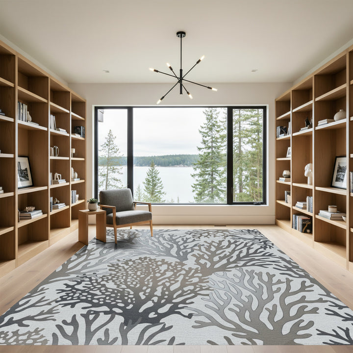 Cool Gray Coral Branch Motif Rug