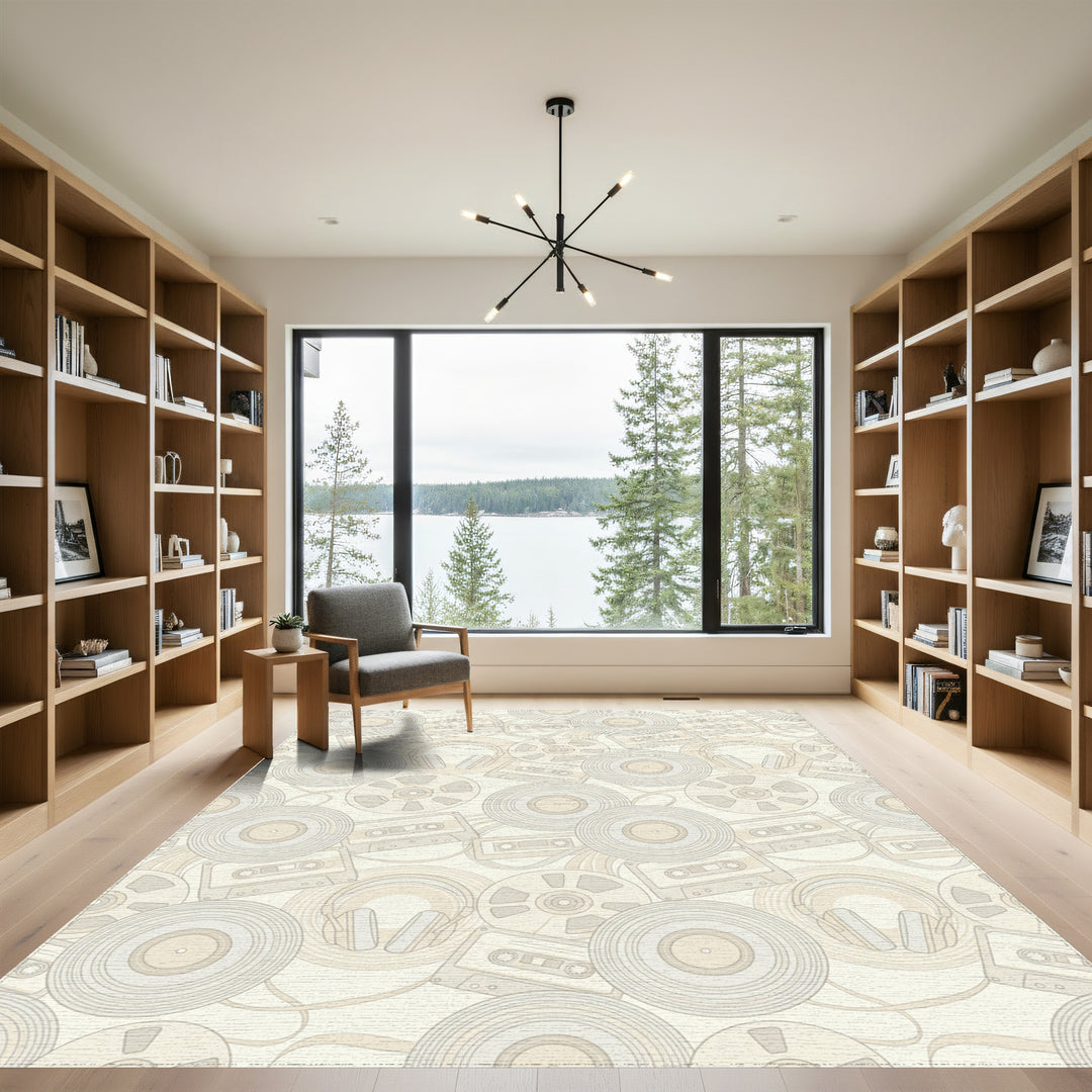 Retro Vinyl Cassette Headphone Cream Rug
