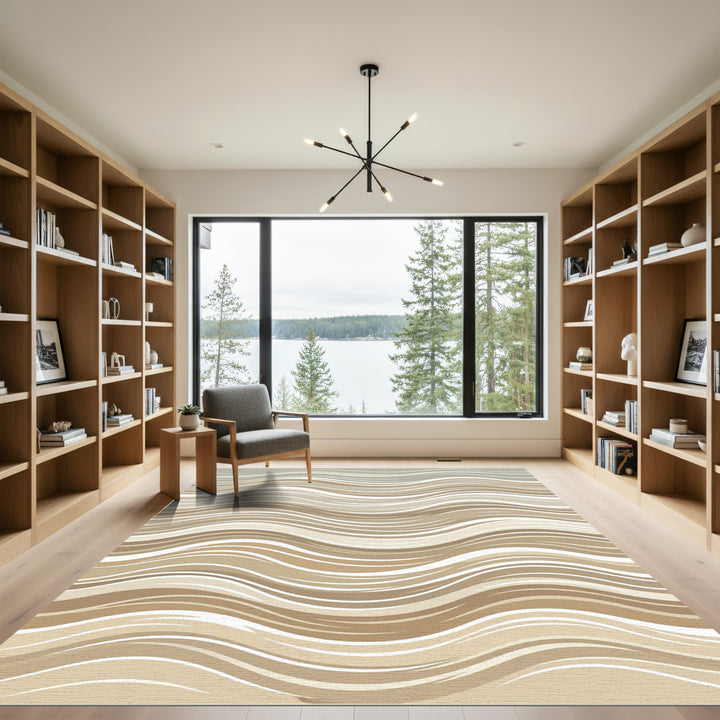 Beige and White Abstract Wave Rug