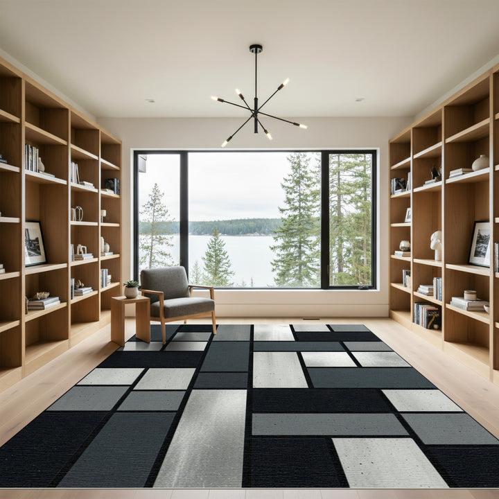 Geometric Concrete and Silver Rectangles Rug