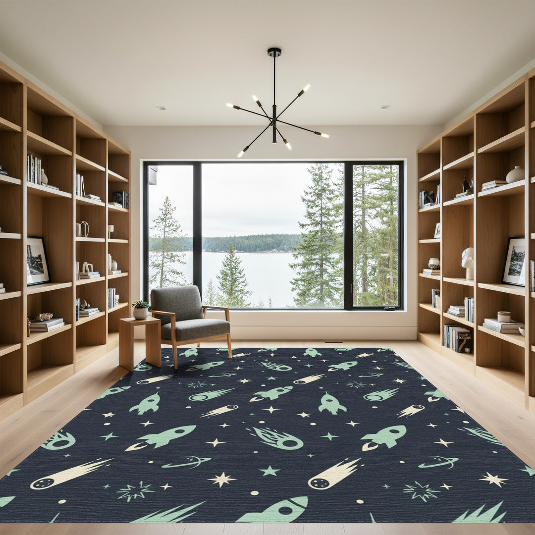 Retro Space Rockets Comets Stars Rug