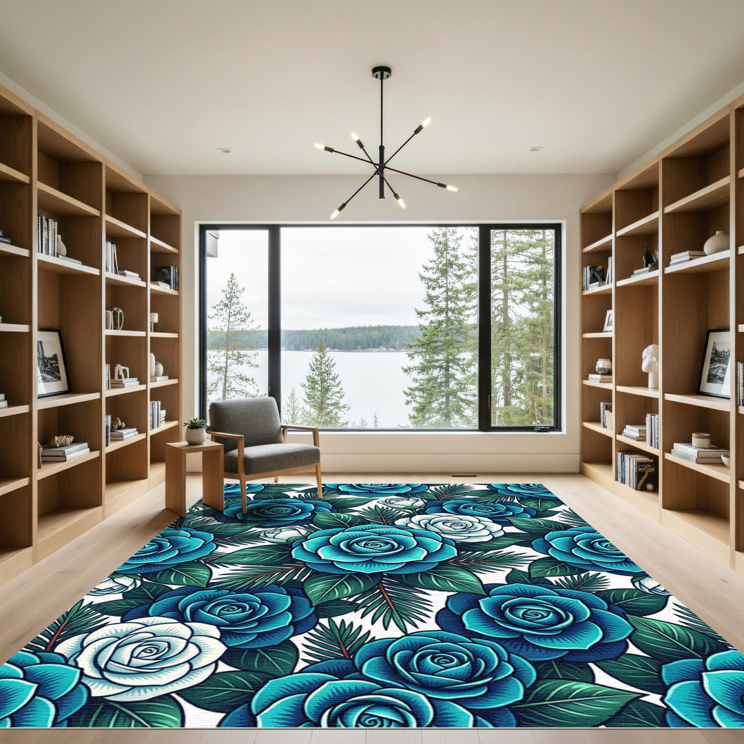 Turquoise Blue Rose Leaf Accents Rug