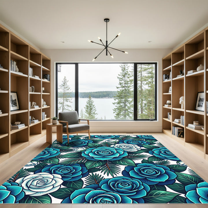 Turquoise Blue Rose Leaf Accents Rug