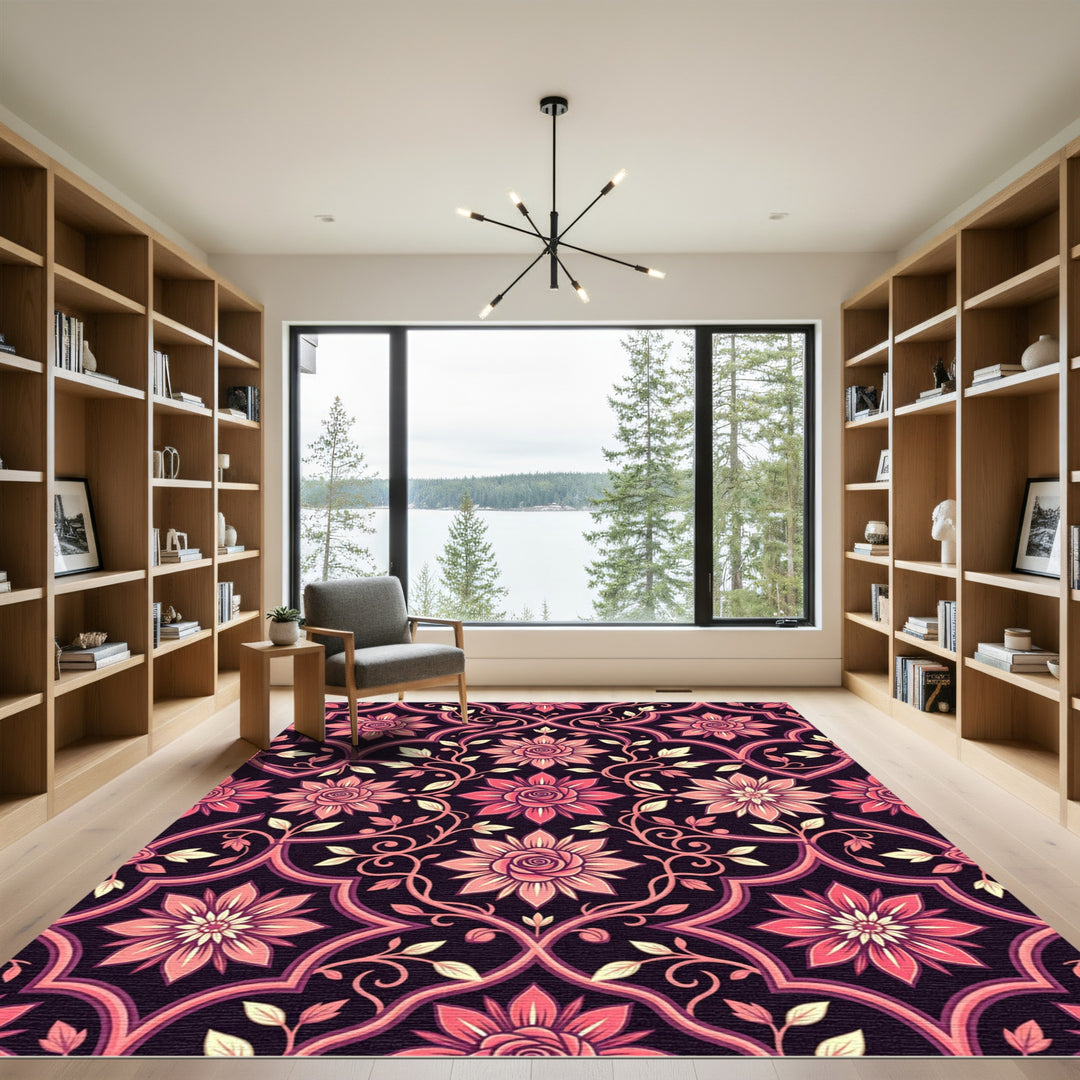 Dark Pink Floral Arabesque Medallion Rug