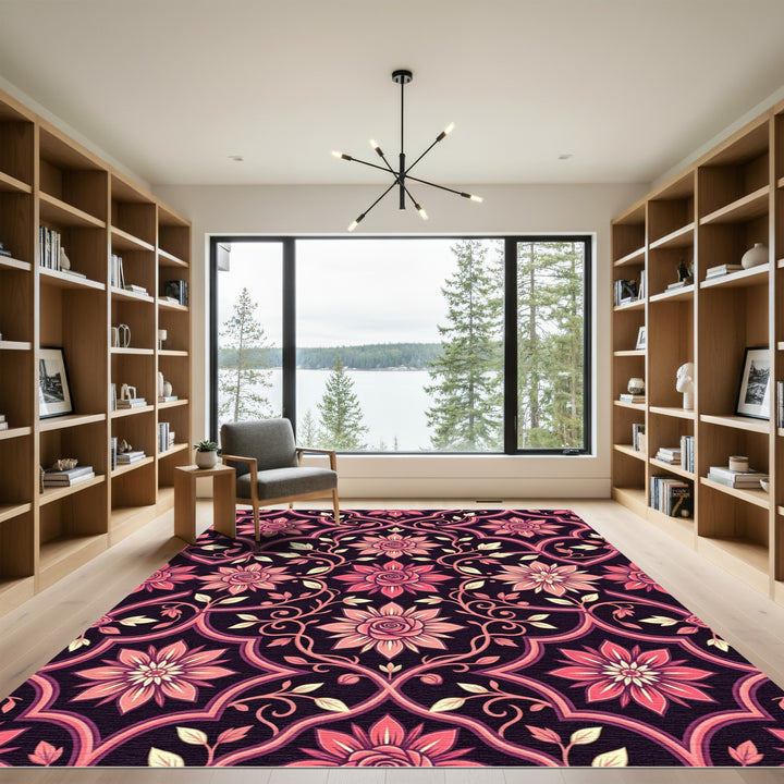 Dark Pink Floral Arabesque Medallion Rug