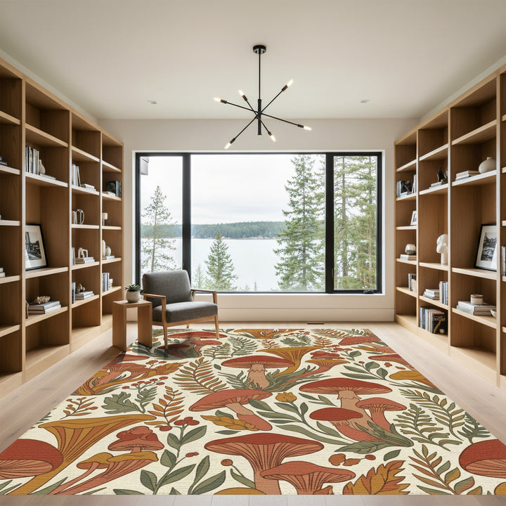 Rusty Mushroom Forest Foliage Scene Rug
