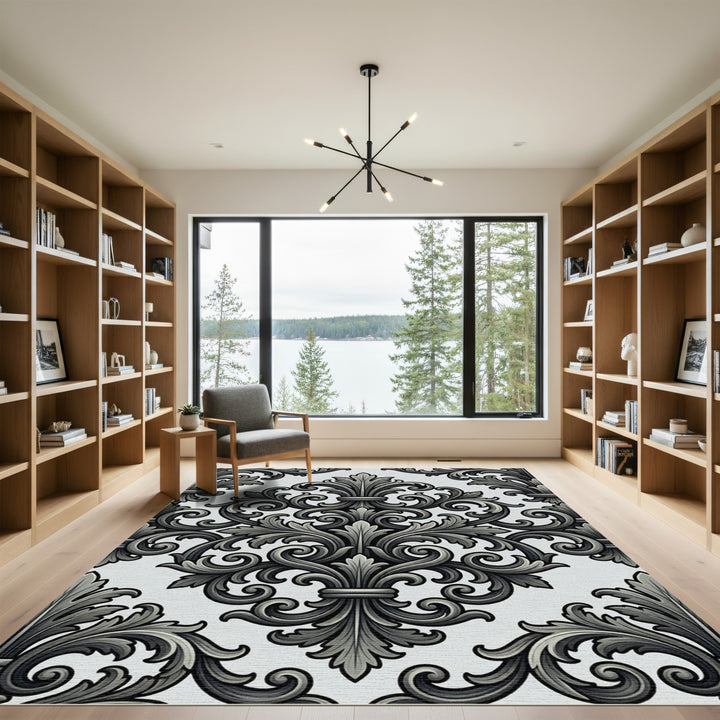 Elegant Charcoal Fleur-de-lis Scrollwork Rug