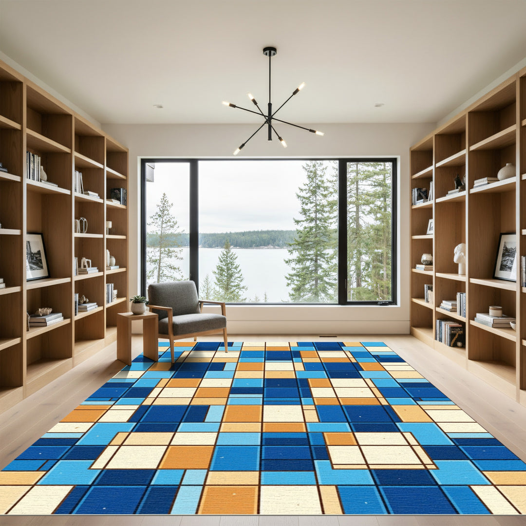 Modern Geometric Blue Orange Squares Rug