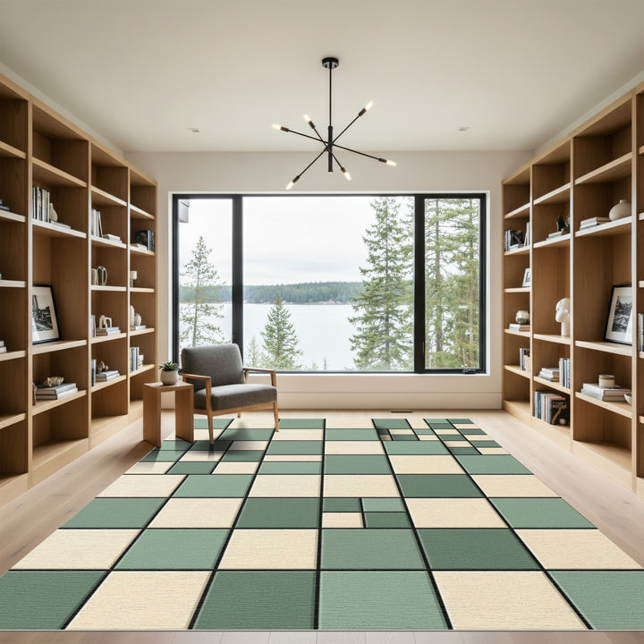 Geometric Cream And Green Tile Rug