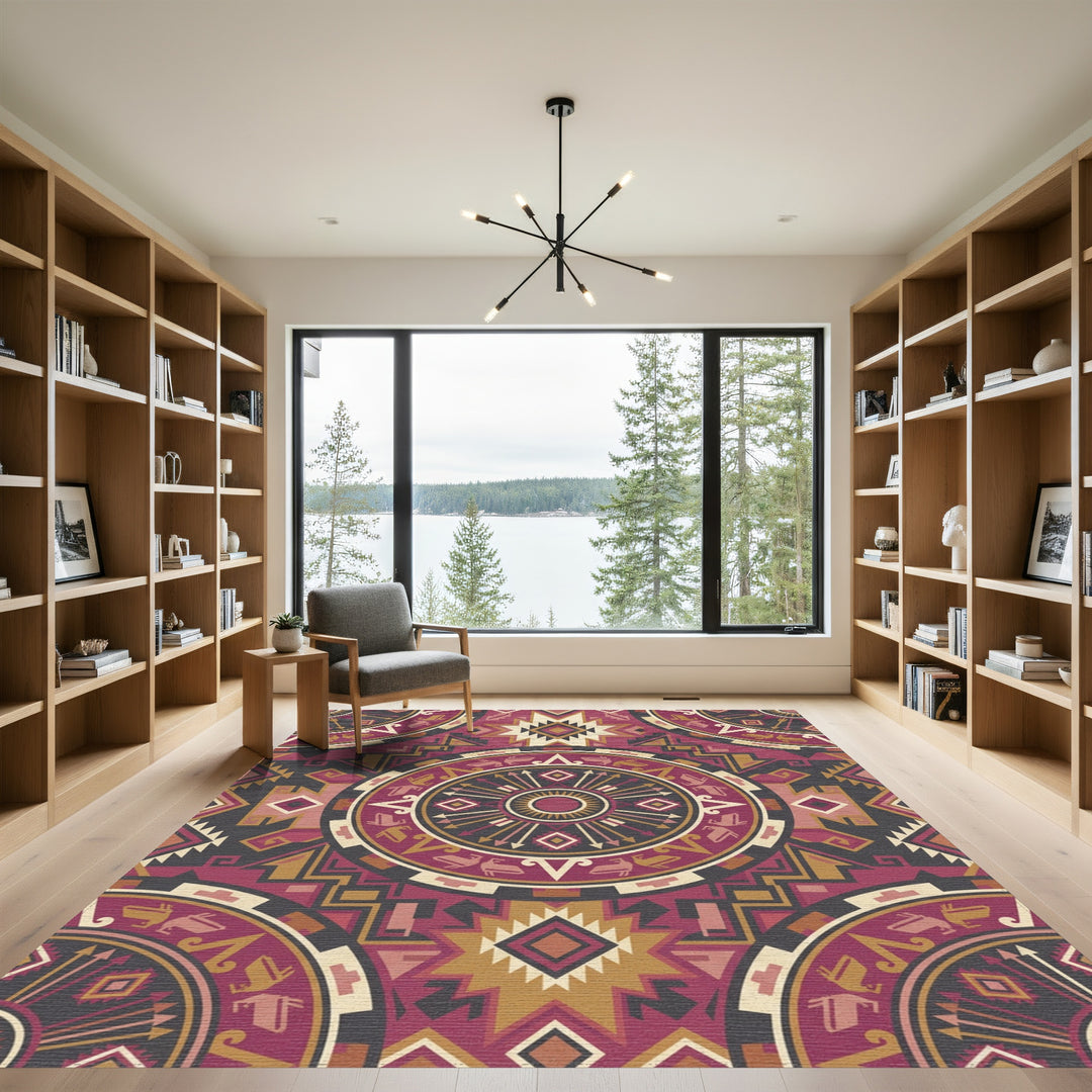 Rich Burgundy Geometric Sunburst Mandala Rug
