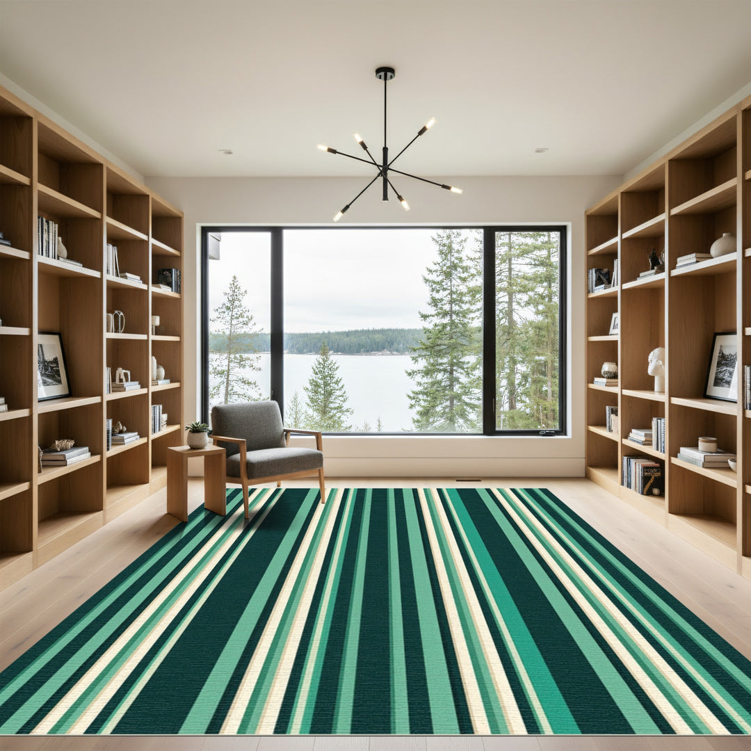 Dark Teal Cream Vertical Stripes Rug