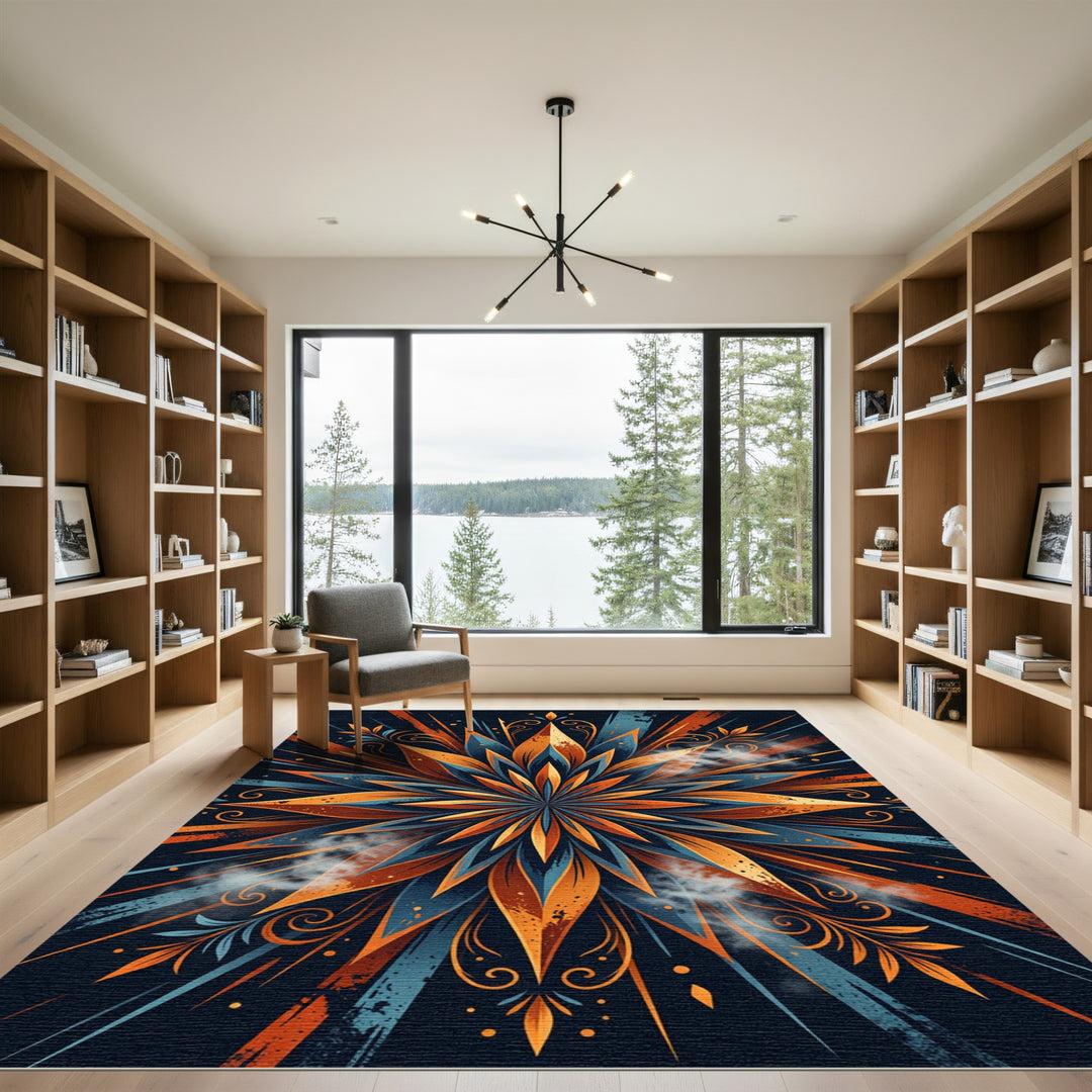 Radiant Sunburst Orange Blue Petal Rug