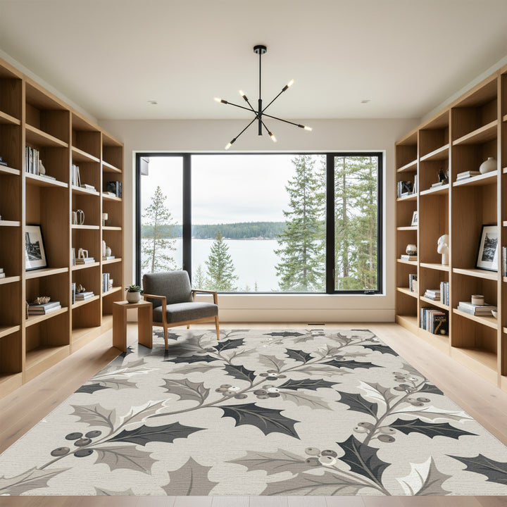 Monochromatic Holly Berry Branches Rug