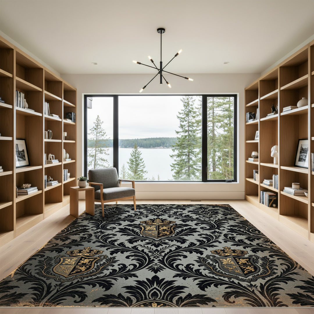 Elegant Black Gold Damask Crest Rug