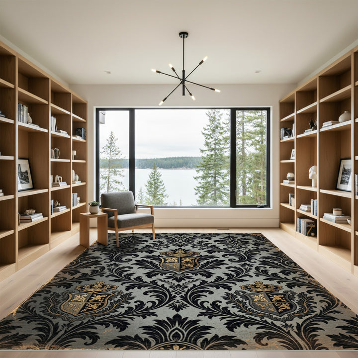 Elegant Black Gold Damask Crest Rug