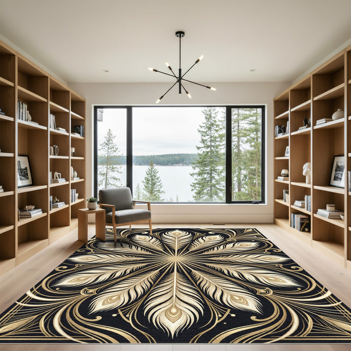 Art Deco Golden Peacock Feather Rug