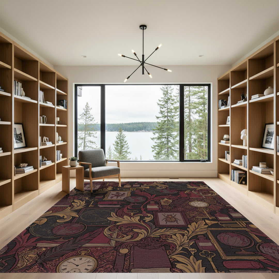 Antique Study Scarlet Gold Botanical Elements Rug