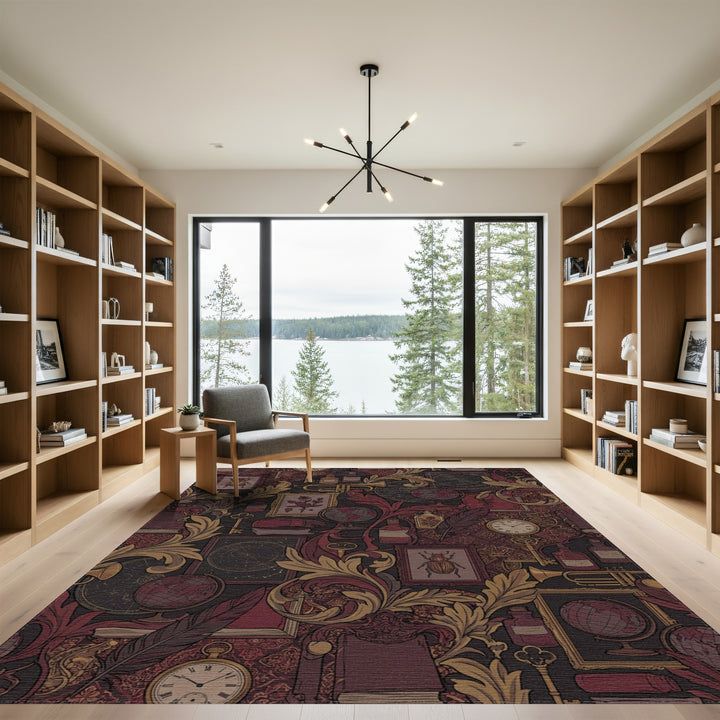 Antique Study Scarlet Gold Botanical Elements Rug
