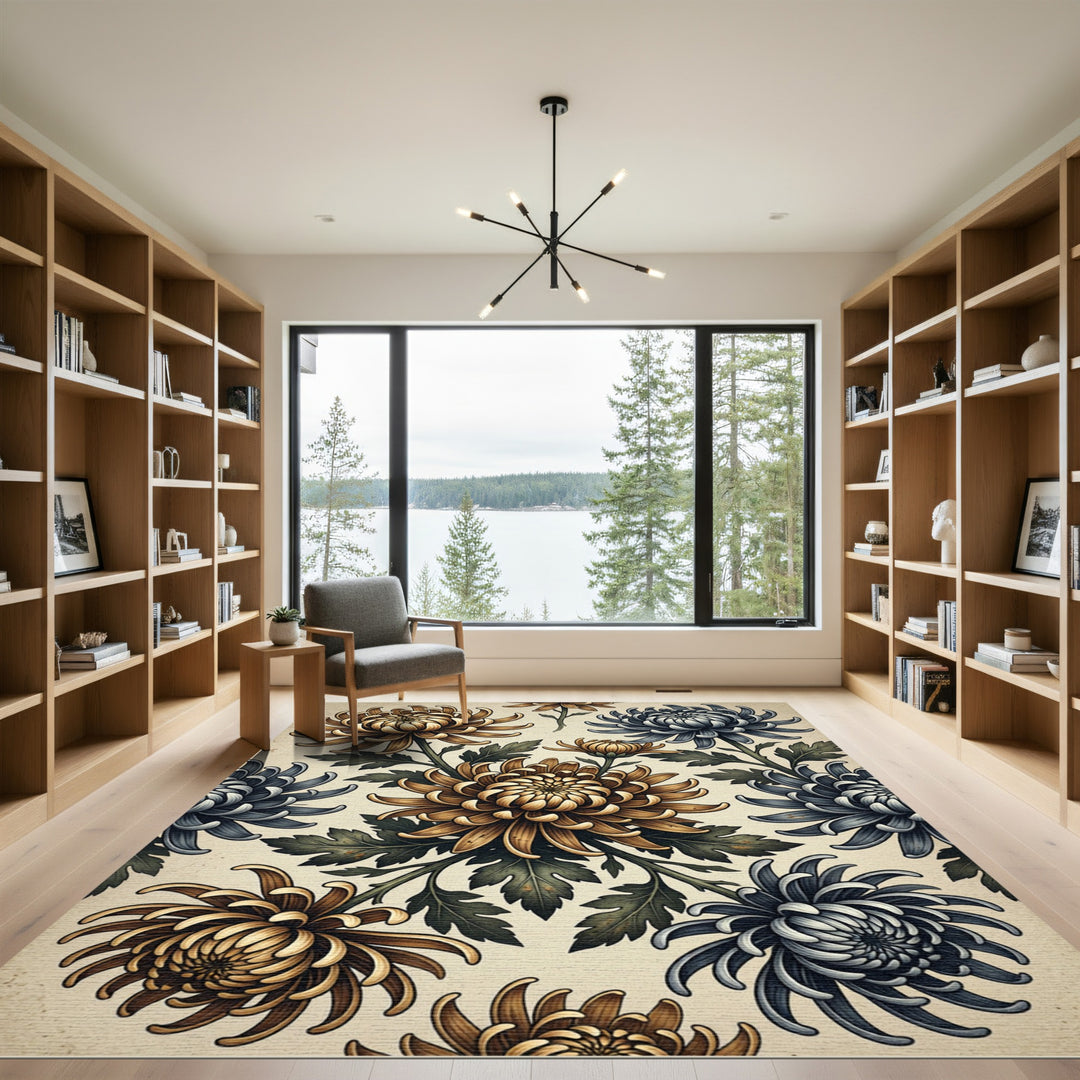 Golden Blue Chrysanthemum Floral Meadow Rug