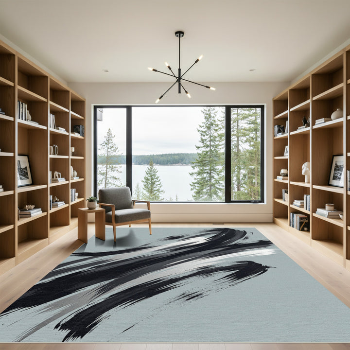 Abstract Black Silver Brushstrokes Rug