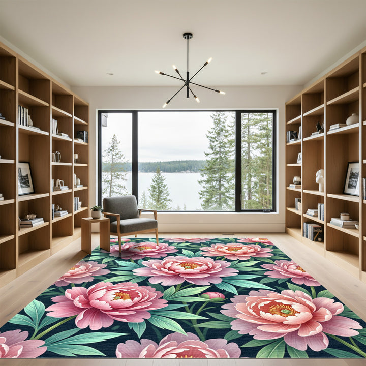 Pink Peony Floral Garden Illustration Rug