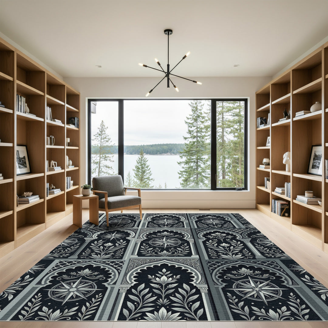 Arabesque Compass Ornamental Black Rug